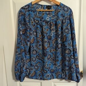 J. Jill Wearever Collection Womens Top Size Medium Blue Brown Floral Shirt